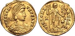 Maritime Honorius AV Solidus. Ravenna, AD 402-406. D N HONORIVS P F AVG, pearl-diademed, draped and cuirassed bust to right / VICTORIA AVGGG, Emperor standing facing, holding long cross and victory on