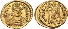 Maritime Pseudo-Imperial, uncertain AV Solidus. In the name of Theodosius II, after AD 423. D N THEODOSIVS P F AVG, pearl-diademed, helmeted and cuirassed three-quarters facing bust, holding spear ove