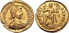 Maritime Valentinian III AV Solidus. Ravenna, AD 426-430. D N PLA VALENTINIANVS P F AVG, rosette-diademed, draped and cuirassed bust to right / VICTORIA AVGGG, Emperor standing facing, holding long cr