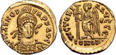 Maritime Julius Nepos AV Solidus. In the name of Zeno. Rome, 24 June AD 474 - 28 August AD 475. D N ZENO PERP F AVG, helmeted, pearl-diademed and cuirassed bust facing, holding spear and shield decora