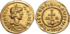 Migration Period Merovingians, Pseudo-imperial AV Solidus. In the name of Phocas. Massilia, AD 602-620. D II FOCΛS • bCVbVΛC (some letters retrograde and inverted), pearl-diademed, draped, and cuirass