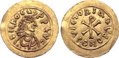 Byzantine Phocas AV Half Tremissis. Spanish mint (Carthago Spartaria?), AD 602-610. D N FOCO P P AVG, bust to right, wearing double diadem topped with cross on circlet, cuirass and paludamentum / VICT