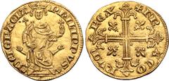 World and Medieval France, Kingdom. Philippe IV le Bel (the Fair) AV Petit royal d'or. Struck from Autumn 1290. PһILIPPVS DЄI GRACIA, Philippe enthroned facing on lion head throne, holding lis-tipped 
