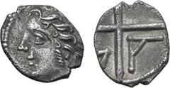 VECCHI Gaul, Massalia AR Obol. Circa 300-50 BC. Bare head of Apollo to left / Wheel of four spokes; M-A across lower quarters. Depeyrot, Hellénistiques 31; Maurel 360; SNG Copenhagen 723-8. 0.61g, 10m