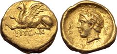 VECCHI Thrace, Abdera AV Quarter Stater. Epimeletes Polyphantos, circa 336-311 BC. ΑΒΔΗ-ΡΙΤΕΩΝ, griffin crouching to left / Laureate head of Apollo to left, ΕΠΙ ΠΟΛ-ΥΦΑΝΤΟΥ around. Unique and unpublis