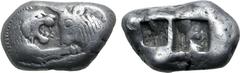 Greek Kingdom of Lydia, Kroisos AR Stater - Double Siglos. Sardes, circa 561-546 BC. Confronted foreparts of lion to right and bull to left / Two incuse squares of unequal size. GRPC Lydia S1; Berk 20