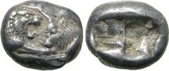 Greek Kingdom of Lydia, Kroisos AR 1/3 Stater. Sardes, circa 561-546 BC. Confronted foreparts of lion to right and bull to left / Two incuse squares of unequal size. GRPC Lydia S5; SNG Keckman 359; Bo