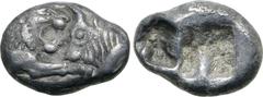 Greek Kingdom of Lydia, Kroisos AR 1/6 Stater. Sardes, circa 561-546 BC. Confronted foreparts of lion to right and bull to left / Two incuse square punches of unequal size. GRPC Lydia S6; Rosen 667; S