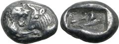 Greek Kingdom of Lydia, Kroisos AR 1/6 Stater. Sardes, circa 561-546 BC. Confronted foreparts of lion to right and bull to left / Two incuse square punches of unequal size. GRPC Lydia S6; Rosen 667; S