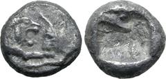 Greek Kingdom of Lydia, Kroisos AR 1/12 Stater. Sardes, circa 561-546 BC. Confronted foreparts of lion to right and bull to left / Incuse square. GRPC Lydia S8; SNG Kayhan 1020-21; SNG von Aulock 2880
