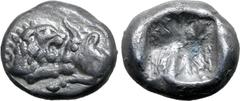 Greek Kingdom of Lydia, Kroisos AR 1/24 Stater. Sardes, circa 561-546 BC. Confronted foreparts of lion to right and bull to left / Incuse punch. GRPC Lydia S10; SNG Tübingen 3652-3. 0.40g, 7mm. Extrem