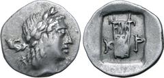 Greek Lykian League, Kragos AR Hemidrachm. Late 30s-27 BC. Laureate head of Apollo to right; Λ-[Y] flanking / Kithara; K-P across fields; all within shallow incuse square. Troxell, Lycia, Period IV, S
