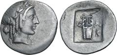 Greek Lykian League, Masikytes AR Hemidrachm. Circa 28-18 BC. Laureate head of Apollo to right; Λ-Y across fields / Kithara; M-A across fields, tripod in lower right field; all within shallow incuse s