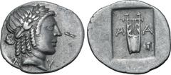 Greek Lykian League, Masikytes AR Hemidrachm. Circa 28-18 BC. Laureate head of Apollo to right; Λ-Y across fields / Kithara; M-A across fields, tripod in lower right field; all within shallow incuse s
