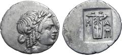 Greek Lykian League, Masikytes AR Hemidrachm. Circa 28-18 BC. Laureate head of Apollo to right; Λ-[Y] across fields / Kithara; M-A across fields, tripod in lower right field; all within shallow incuse