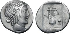 Greek Lykian League, Masikytes AR Hemidrachm. Circa 28-18 BC. Laureate head of Apollo to right; [Λ-Y] across fields / Kithara; M-A across fields, tripod in lower right field; all within shallow incuse