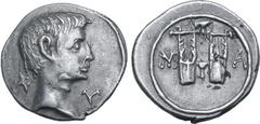 Roman Provincial Augustus AR Drachm of Masicytus, Lycia. 27-20 BC. Bare head to right; Λ-Υ across fields / Two citharas, with plectrum between, plectrum above and M-A to left and right. RPC I 3309c; S