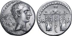 Roman Provincial Augustus AR Drachm of Masicytus, Lycia. 27-20 BC. Bare head to right; Λ-Υ across fields / Two citharas, with branch between, owl above and M-A to left and right. RPC I 3309c; Troxell,