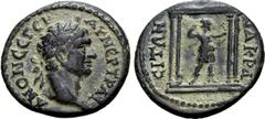 Roman Provincial Trajan Æ 19mm of Nacrasa, Lydia. AD 98-117. ΑΥ ΝЄΡ ΤΡΑΙΑΝΟΝ ϹЄ ΓЄΡ, laureate head to right / ΝΑΚΡΑϹΙΤΩΝ, tetrastyle temple, within which statue of Artemis standing to right, drawing a