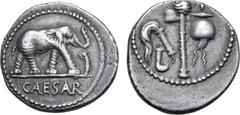 Roman Imperatorial Julius Caesar AR Denarius. Military mint travelling with Caesar, 49-48 BC. Elephant advancing to right, trampling on serpent; CAESAR in exergue / Emblems of the pontificate: simpulu