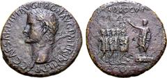 Roman Imperial Caligula Æ Sestertius. Rome, AD 40-41. C CAESAR DIVI AVG PRON AVG P M TR P IIII P P, laureate head to left / Emperor standing to left with right hand raised on platform, low stool behin