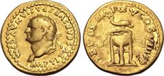 Roman Imperial Titus AV Aureus. Rome, AD 80. IMP TITVS CAES VESPASIAN AVG P M, laureate head to left / TR P IX IMP XV COS VIII P P, tripod with fillets; dolphin to right on wreath above, flanked by ra