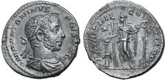 Roman Imperial Elagabalus AR Denarius. Rome, AD 220-221. IMP ANTONINVS PIVS AVG, laureate and draped bust to right, wearing 'horn' / P M TR P IIII COS III P P, Emperor standing facing, head to left, s