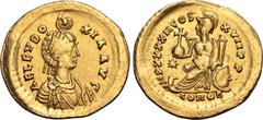 Maritime Aelia Eudocia (wife of Theodosius II) AV Solidus. Constantinople, AD 441-450. AEL EVDOCIA AVG, pearl-diademed and draped bust to right, crowned by manus Dei / IMP XXXXII COS XVII P P, Constan