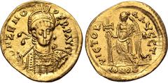 Maritime Zeno AV Solidus. Unidentified imperial mint, AD 476-491. D N ZENO PERP AVG, helmeted, pearl-diademed and cuirassed bust facing, holding spear and shield decorated with horseman and fallen ene