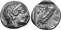 Greek Philistia (Palestine), uncertain mint AR Tetradrachm. Imitating Athens, circa 450-400 BC(?). Head of Athena to right, wearing crested Attic helmet ornamented with three olive leaves above visor 