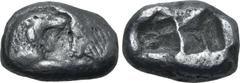 Greek Kingdom of Lydia, Kroisos AR Stater - Double Siglos. Sardes, circa 561-546 BC. Confronted foreparts of lion to right and bull to left / Two incuse squares of unequal size. GRPC Lydia S1; Berk 20