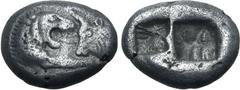 Greek Kingdom of Lydia, Kroisos AR Siglos. Sardes, circa 561-564 BC. Confronted foreparts of lion to right and bull to left / Two incuse square punches of unequal size. GRPC Lydia S3; Rosen 663-5; SNG