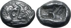 Greek Kingdom of Lydia, Kroisos AR 1/6 Stater. Sardes, circa 561-546 BC. Confronted foreparts of lion to right and bull to left / Two incuse square punches of unequal size. GRPC Lydia S6; Rosen 667; S