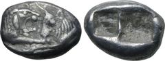Greek Kingdom of Lydia, Kroisos AR 1/6 Stater. Sardes, circa 561-546 BC. Confronted foreparts of lion to right and bull to left / Two incuse square punches of unequal size. GRPC Lydia S6; Rosen 667; S