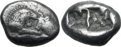 Greek Kingdom of Lydia, Kroisos AR 1/6 Stater. Sardes, circa 561-546 BC. Confronted foreparts of lion to right and bull to left / Two incuse square punches of unequal size. GRPC Lydia S6; Rosen 667; S
