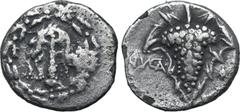 Greek Lydia, Nysa AR Cistophoric Drachm. 85-84 BC. Lion skin draped over upright club within wreath / Bunch of grapes, vine leaf behind; NYCA in left field, monogram (?) in right field. GRPC Lydia S32