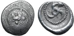 Greek Dynasts of Lycia, uncertain dynast AR 1/6 Stater(?). Circa 480-430 BC. Pegasos flying to left; pellet below; all on convex round shield / Triskeles within pelleted circle in incuse circle. CNG 9