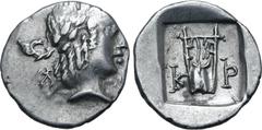 Greek Lykian League, Kragos AR Hemidrachm. 44-18 BC. Laureate head of Apollo to right; Λ behind, [Y] before / Kithara; K-P across fields; all within shallow incuse square. Troxell, Lycia, Period IV, 8