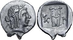 Greek Lykian League, Kragos AR Hemidrachm. After 18 BC. Laureate head of Apollo to right; Λ-Y flanking / Kithara; K-P across fields; all within shallow incuse square. Troxell, Lycia, Period IV, Series