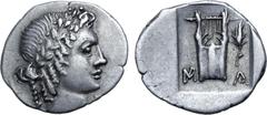 Greek Lykian League, Masikytes AR Hemidrachm. 44-18 BC. Laureate head of Apollo to right; [Λ] behind, [Y] before / Kithara; M-A across lower fields, branch in upper right field; all within shallow inc