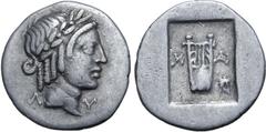 Greek Lykian League, Masikytes AR Hemidrachm. Circa 28-18 BC. Laureate head of Apollo to right; Λ behind, Y before / Kithara; M-A across fields, tripod in lower right field; all within shallow incuse 