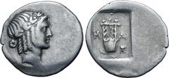 Greek Lykian League, Masikytes AR Hemidrachm. Circa 28-18 BC. Laureate head of Apollo to right; Λ behind, [Y] before / Kithara; M-A across fields, tripod in lower right field; all within shallow incus