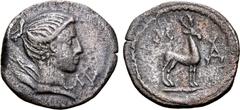 Greek Lykian League, Masikytes Æ 19mm. Circa 27-23 BC. Draped bust of Artemis to right; bow and quiver over shoulder, ΛΥ before / Stag standing to right; M-A across fields. RPC I 3319d var. (ethnic no