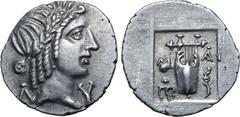 Greek Lykian League, Masikytes AR Hemidrachm. After 18 BC. Laureate head of Apollo to right; Λ behind, Y before / Kithara; M-A across fields, trident head to lower left, branch to lower right; all wit