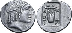Greek Lykian League, Masikytes AR Hemidrachm. After 18 BC. Laureate head of Apollo to right; Λ behind, Y before / Kithara, A-M across fields, branch to left, trident head(?) to right; all within shall