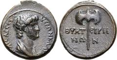 Roman Provincial Nero Æ 18mm of Thyateira, Lydia. AD 50-54. NЄPΩN KΛAYΔI KAICAP CЄBA, bare-headed and draped bust to right / ΘΥΑΤЄΙΡΗΝΩΝ, bipennis. GRPC Lydia 139; RPC I 2382; SNG München 613-6; SNG C