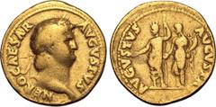 Roman Imperial Nero AV Aureus. Rome, AD 64-65. NERO CAESAR AVGVSTVS, laureate head to right / AVGVSTVS AVGVSTA, on left, Nero, radiate and togate, standing to left, holding patera and sceptre; on righ
