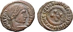 Roman Imperial Constantine I 'the Great' BI Nummus. Aquileia, AD 320-321. CONSTANTINVS AVG, laureate bust to right / D N CONSTANTINI MAX AVG, laurel wreath enclosing VOT XX; AQP in exergue. RIC VII 65