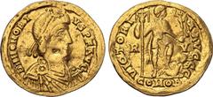 Maritime Honorius AV Solidus. Ravenna, AD 402-406. D N HONORIVS P F AVG, pearl-diademed, draped and cuirassed bust to right / VICTORIA AVGGG, emperor standing facing, head to right, holding standard a