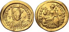 Maritime Theodosius II AV Solidus. Constantinople, AD 430-440. D N THEODOSIVS P F AVG, pearl-diademed, helmeted, draped and cuirassed bust facing slightly to right, holding spear and shield decorated 